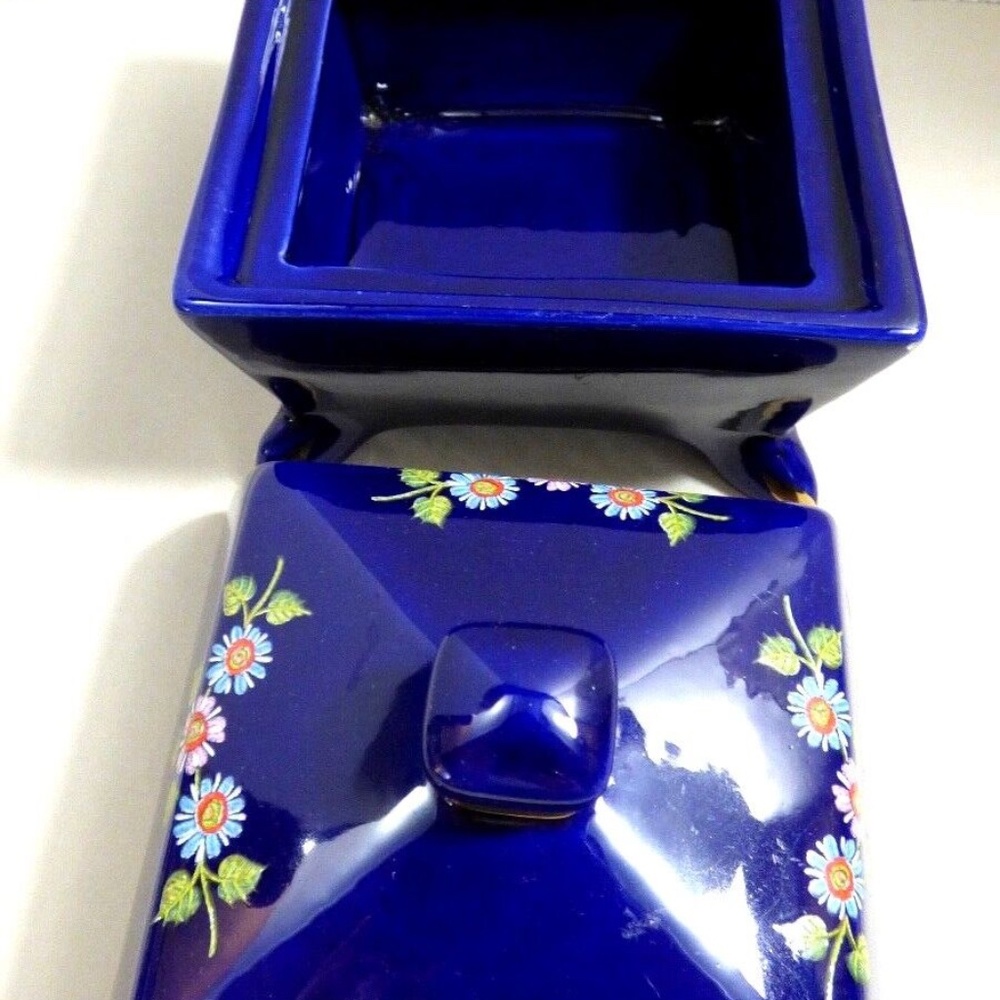 VTG Signed Cobalt Blue & Floral Porcelain Bisque Trinket Box Footed Lidded Jar - Picture 4 of 12